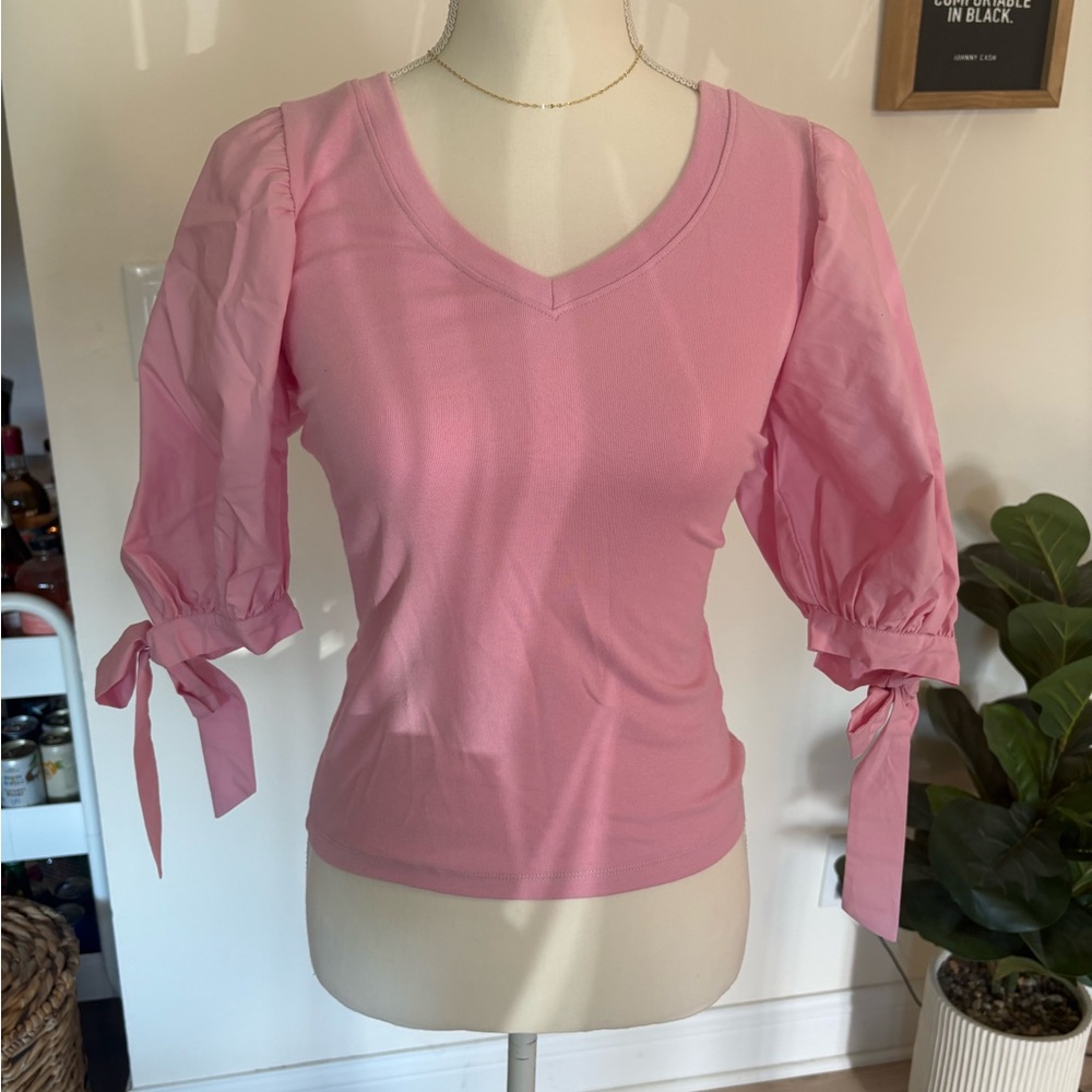 Chic a loves a Pink V-Neck Blouse with Tie Sleeves